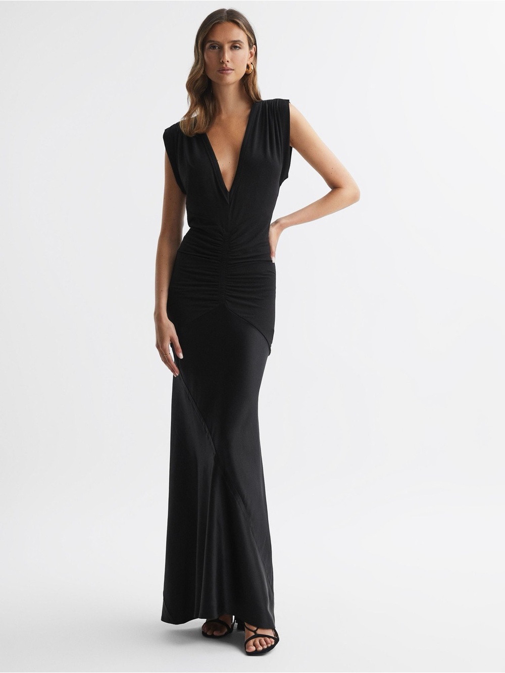 REISS Noa Black Plunge Ruched Jersey Satin Maxi Dress